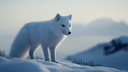 Obraz premium An Arctic fox standing on a snowy landscape, its white fur blending into the snow but clearly visible with well-balanced exposure. v2