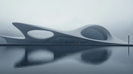 Fototapeta premium Luxury beachfront villa. Contemporary design residential building with a smooth curved roof. A place for a secluded holiday with beautiful views. Illustration for cover, postcard, etc.