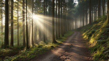 Obraz premium Rays of the sun breaking through the pine forest and the road in it. Coniferous trees tall and slender. Natural background. Illustration for cover, postcard, interior design, poster or presentation.