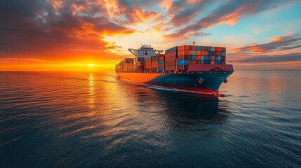 A cargo ship navigates through serene waters during sunset, casting vibrant colors across the sky and reflecting on the ocean's surface, creating a picturesque view.
