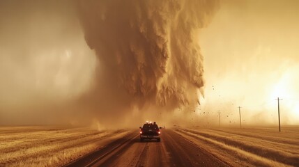Storm chasers driving toward a massive tornado on the horizon, with debris flying through the air