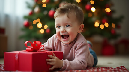 little kid opens christmas gift huge smile playing indoors near decorated tree happy holiday season