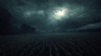 A farm field under a dark, stormy sky, with lightning flashing in the distance and rain starting to fall