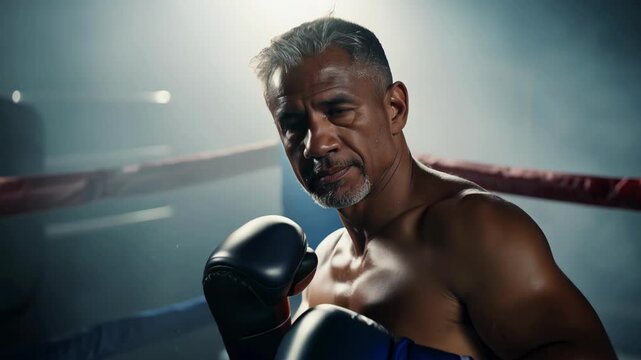 Mature Man in Boxing Gloves Training in a Gym. Concept of Fitness Dedication, Athleticism, Boxing Sport, and Strength