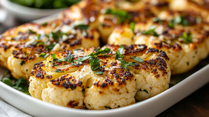Roasted cauliflower steaks garnished with fresh herbs.