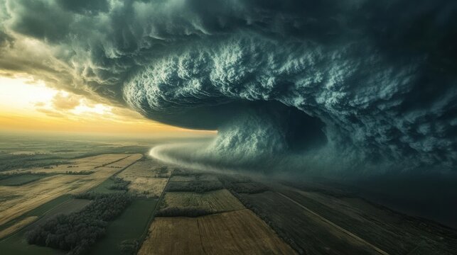 Aerial view of a powerful storm rolling in over farmland, with dark clouds stretching across the sky