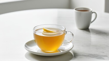 Obraz premium A clear glass cup of hot tea with a slice of fresh lemon on a white saucer, set on a sleek marble table