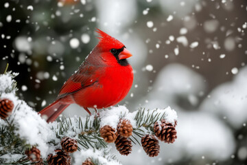 Red cardinal sits on a pine branch with pinecones