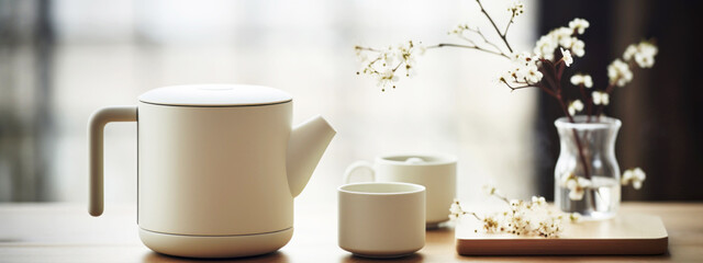 Minimalist tea set with dried flowers in sunlight on a wooden table