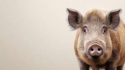 Fototapeta premium Close-up portrait of a large wild boar with dark fur and a pink snout, showcasing its features isolated on a beige background