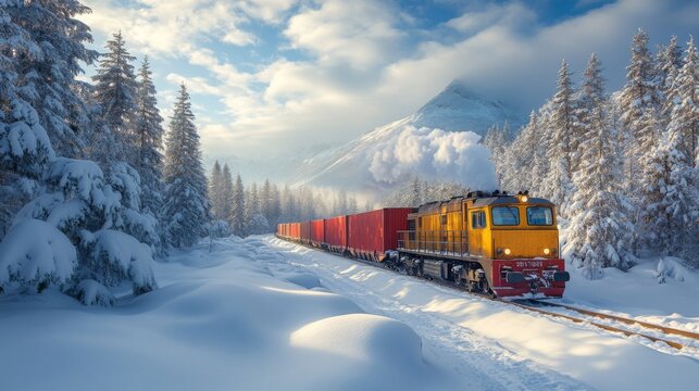 A yellow freight train moves along a snow-covered track in a dense forest. Surrounding mountains are partly shrouded in clouds, illuminated by winter sunlight.