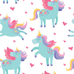Cute unicorn with heart seamless pattern. Kids textile print on a white background. Hand drawn Vector Illustration. Colorful texture for kids bedding, fabric, wallpaper, wrapping paper, textile