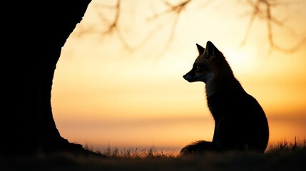 Majestic Red Fox Silhouetted Against a Stunning Sunset Sky, Resting Gracefully Near an Old Tree Trunk in Natures Beauty