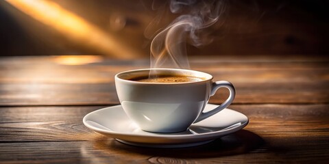 A Steaming Cup of Coffee on a Wooden Table, Coffee, Morning, Beverage