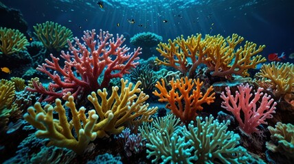 Fototapeta premium Vibrant coral reef with colorful coral formations and fish swimming in the blue ocean water.