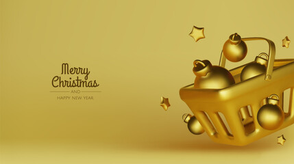 Obraz premium Happy New Year and Merry Christmas 2025. Christmas tree, Gift boxes, Christmas balls. Greeting card. Vector 3d rendering.