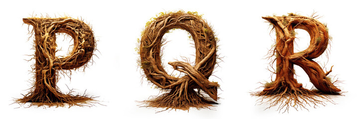 Letters P, Q, R. Alphabet Made of Realistic Tree Roots on White Background.