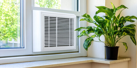 A white plastic HVAC vent on the wall of the apartment. Natural ventilation system in an apartment building