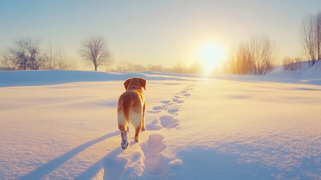 A Majestic Golden Retriever Dog Walking Away in a Snowy Field Under a Stunning Sunset Sky with Vibrant Colors