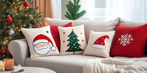illustration Holiday-themed throw pillows shaped like Christmas trees, snowflakes, and Santa hats on a cozy couch 