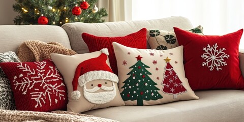 illustration Holiday-themed throw pillows shaped like Christmas trees, snowflakes, and Santa hats on a cozy couch 