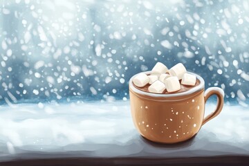 illustration Hot cocoa with marshmallows, snow falling outside the window 