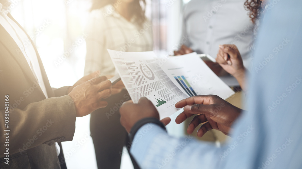 Aufkleber Paperwork, business people and hands with notes and graph for professional data in office. Meeting, teamwork and logistics information with report and collaboration of staff with planning and stats