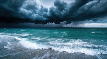 Fototapeta premium Aerial view of a storm system moving over the ocean, with waves crashing and dark clouds overhead