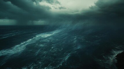 Aerial view of a storm system moving over the ocean, with waves crashing and dark clouds overhead