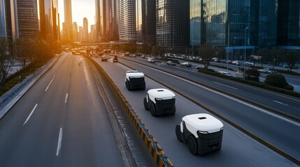 A delivery robot fleet distributing packages in a busy metropolitan area, skyscrapers and urban traffic in the backdrop, Urban logistics robotics style