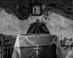 Interior of old an abandoned church. Black and white orthodox ruined temple.