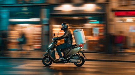 A delivery scooter zipping through city streets with a thermal bag on the back, with bustling urban activity and pedestrians visible, Urban setting with fast-paced environment