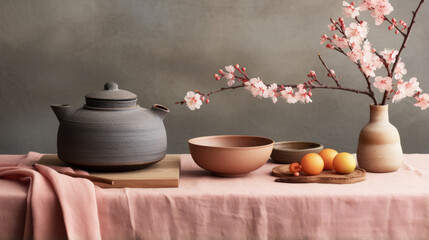 art of traditional tea with elegant porcelain and blossoms