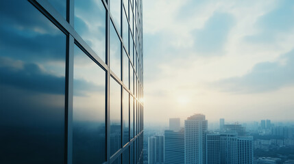Sunset reflecting on a contemporary glass office building with a city skyline in the background