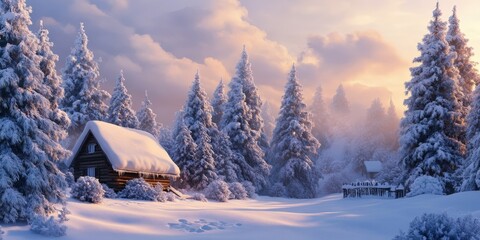 Obraz premium illustration Winter landscape with snow-covered pine trees, soft morning light, and a cozy cabin in the distance