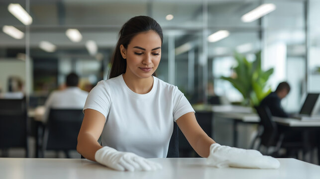 Cleaning lady in white gloves disinfecting desk in modern open office with coworkers in background