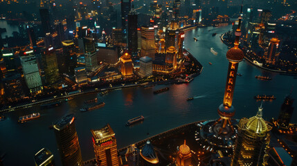 Bustling night scene in Shanghai, China, with the skyline lit up and the Huangpu River bustling with activity 40k, full ultra HD, high resolution.