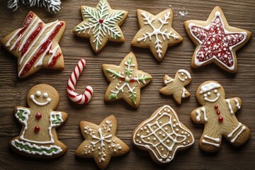 photo Christmas cookies shaped like stars, gingerbread men, and candy canes, beautifully arranged on a wooden table