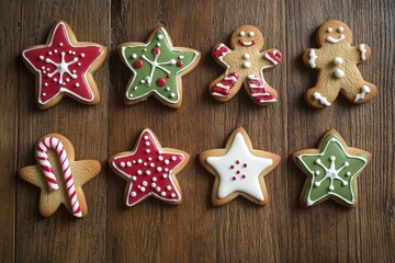 photo Christmas cookies shaped like stars, gingerbread men, and candy canes, beautifully arranged on a wooden table