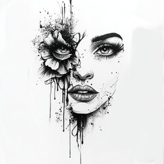 Women's face portrait minimalist tattoo design black and white art illustration sketch drawing