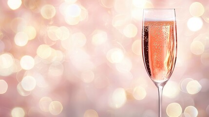   A glass of champagne rests atop a table with a pink-white bouquet of lights as the backdrop
