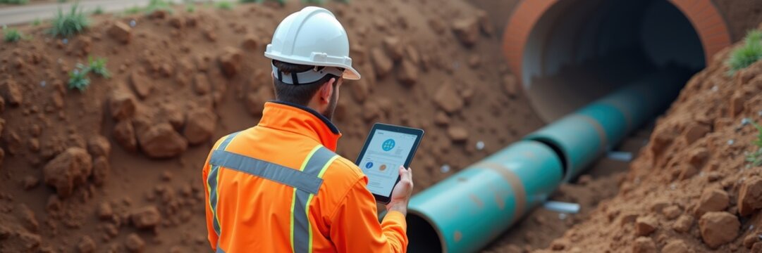 A utility worker in an orange safety vest examines data on a tablet near an underground pipeline, demonstrating modern technology in public utilities management and infrastructure maintenance.