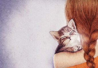 Watercolor illustration of a girl with a cat. Girl with a kitten on her shoulder. The girl took a cat from the shelter
