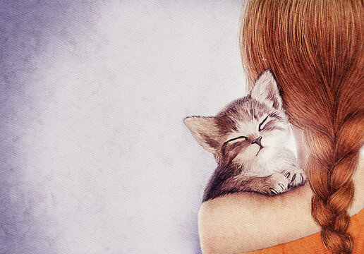 Watercolor illustration of a girl with a cat. Girl with a kitten on her shoulder. The girl took a cat from the shelter
