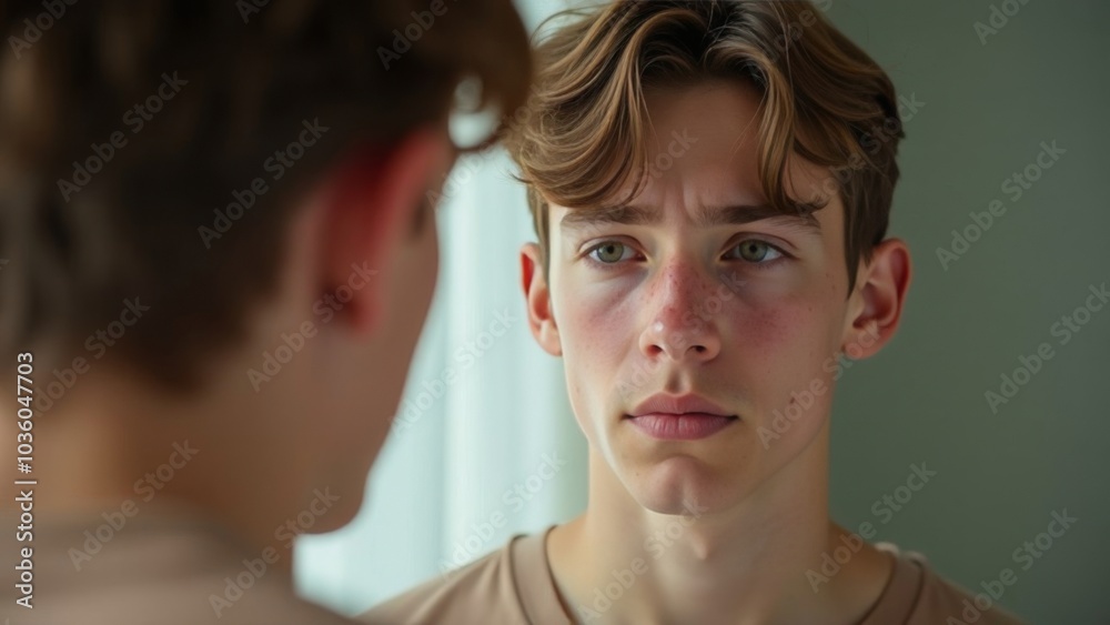 Wall mural A teenager of 12-14 years old looks in the mirror at a face with pimples and acne, upset. Transitional age, teenage problems