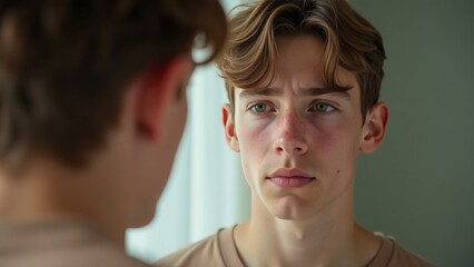 Fototapeta premium A teenager of 12-14 years old looks in the mirror at a face with pimples and acne, upset. Transitional age, teenage problems