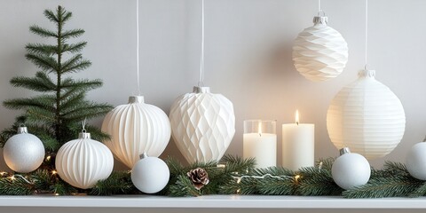 photo Minimalist Scandinavian-style Christmas decor with paper ornaments, pine garlands, and white candles