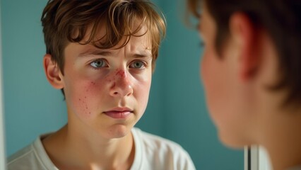 A teenager of 12-14 years old looks in the mirror at a face with pimples and acne, upset. Transitional age, teenage problems