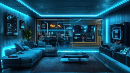 High-tech smart home living room with integrated smart devices, sleek furniture, and ambient lighting, showcasing futuristic and user-friendly design