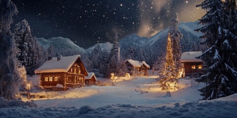 Fototapeta premium photo Winter village covered in snow, twinkling lights, starry sky 
